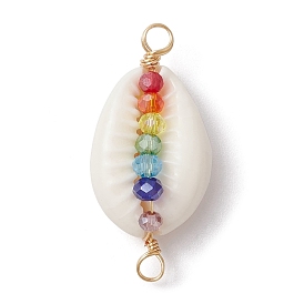 Natural Shell Copper Wire Wrapped Connector Charms, with Colorful Glass Beads