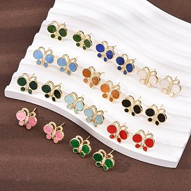 Серьги-гвоздики с бабочками из латуни с микропаве из прозрачных кубических цирконий, cmолой, реальный 18 k позолоченный, долговечный, без кадмия и без свинца, стойки покрытие