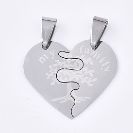 201 inoxydable pendentifs fendus en acier, coeur avec arbre et mot ma famille