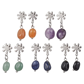 Natural Mixed Gemstone Twist Oval Dangle Stud Earrings, 304 Stainless Steel Flower Earrings