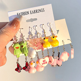 Sweet and Cool Acrylic Earring Set - 5 Pieces of Fashionable Cartoon Butterfly, Frog, and Duck Ear Accessories