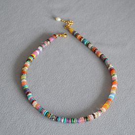 Colorful Vintage Chic Beaded Necklace with Round Stone Pendant - Summer Fashion