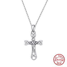 Rhodium Plated 925 Sterling Silver Knot Cross Pendant Necklaces for Women, Retro Style