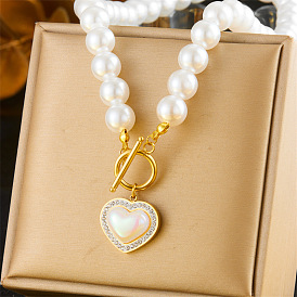 Искусственный жемчуг белый круглый бисер 304 нержавеющая сталь кристалл горный хрусталь кулон в форме сердца ожерелья