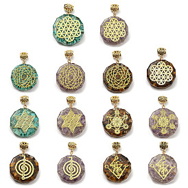 Gemstone European Dangle Polygon Charms, Large Hole Pendant with Golden Plated Alloy Slice