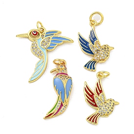 Brass Micro Pave Clear Cubic Zirconia Pendants, with Enamel, Real 18K Gold Plated, Bird