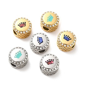 304 Stainless Steel European Beads, with Enamel & Rhinestone, Large Hole Beads, Flat Round with Crown