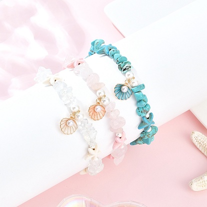 3 шт. 3 стили браслеты на ногу из цинкового сплава с эмалью в форме ракушки, круглые браслеты с жемчугом и окрашенной синтетической бирюзой, морской звездой, магнезитом, опалитом и натуральным розовым кварцем, разноцветные