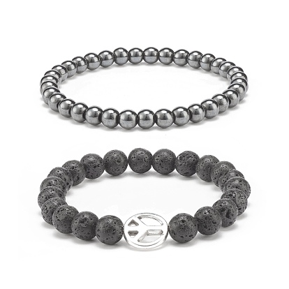 2Pcs 2 Style Natural Lava Rock & Synthetic Hematite Round Beaded Stretch Bracelets Set with Alloy Peace Sign, Essential Oil Gemstone Jewelry for Women