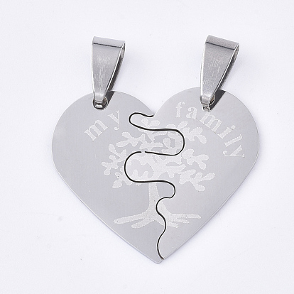 201 inoxydable pendentifs fendus en acier, coeur avec arbre et mot ma famille