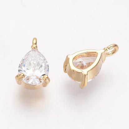 Brass Cubic Zirconia Charms, Nickel Free, Real 18K Gold Plated, Drop