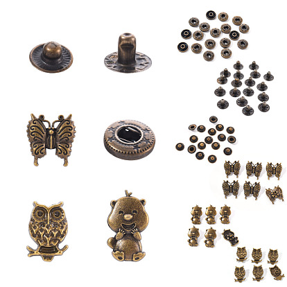 18 Sets Butterfly & Owl & Bear Brass Leather Snap Buttons Fastener Kits, Including 1 Set 45# Steel Hole Punch Tool, 1Pc 45# Steel Round Base