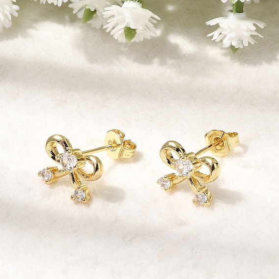 Женские серьги-гвоздики из латуни с микро-паве и бантом из прозрачного кубического циркония, без кадмия и без свинца, долговечный