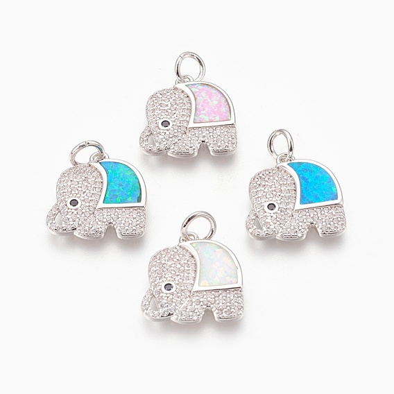 Brass Micro Pave Cubic Zirconia Pendants, with Synthetic Opal, Elephant