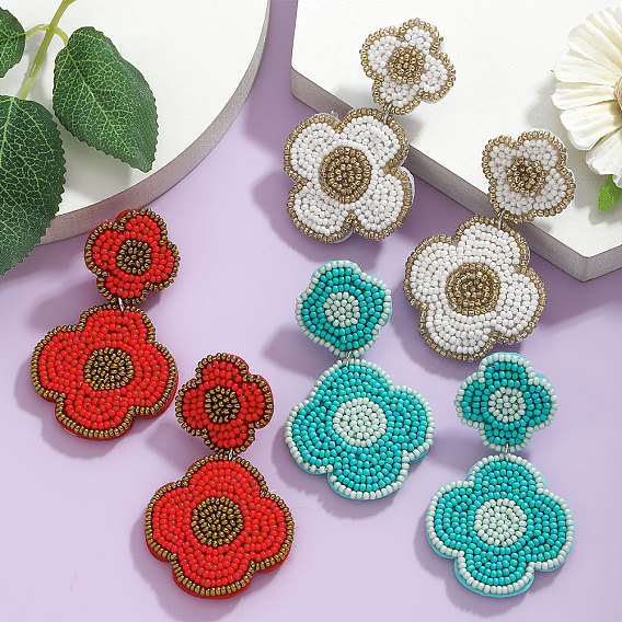 Серьги-гвоздики с цветочными бусинами и тканевыми подвесками, платина