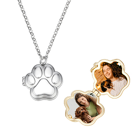 2Pcs 2 Colors Stainless Steel Paw Print Photo Locket Pendant Necklaces for Women