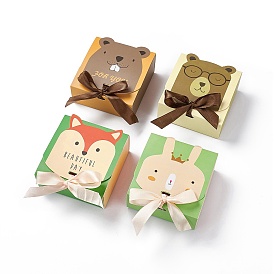 Cartoon Cardboard Paper Gift Box, with Ramdom Color Ribbon, Rectangle with Fox/Rabbit/Mole/Bear Pattern