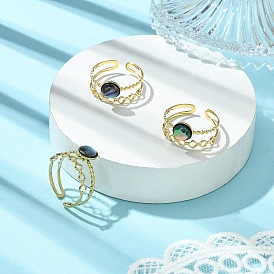 304 Stainless Steel & Natural Abalone Shell/Paua Shell Cuff Open Rings, Round