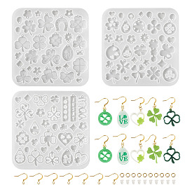 3 pièces 3 moules en silicone pour décorations à faire soi-même, série trèfle, pour la résine UV, fabrication artisanale de résine époxy, avec 50 écrous d'oreille en plastique, 24 pièces de crochets de boucles d'oreilles et 24 pièces d'anneaux de jonction, formes mixtes, or