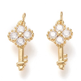 Brass Micro Pave Clear Cubic Zirconia Pendants, Cadmium Free & Lead Free, Long-Lasting Plated, Key