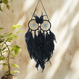 Luminous Bead Owl with  Feather Wall Hanging Decoration, Woven Net/Web with Feather