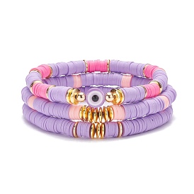 3 bracelets extensibles perlés heishi en argile polymère avec mauvais œil, bracelets preppy pour femmes