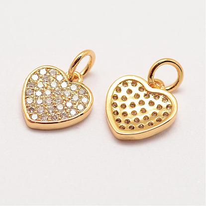 Brass Micro Pave Grade AAA Cubic Zirconia Charms, Long-Lasting Plated, Heart, Cadmium Free & Nickel Free & Lead Free
