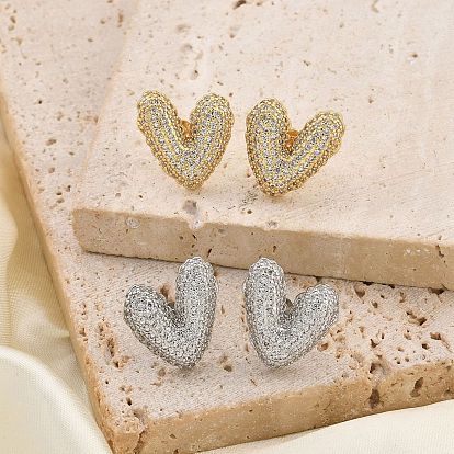 Женские серьги-гвоздики из латуни с микропаве и прозрачным кубическим цирконием, сердце