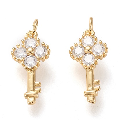 Brass Micro Pave Clear Cubic Zirconia Pendants, Cadmium Free & Lead Free, Long-Lasting Plated, Key