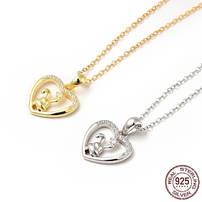925 Sterling Silver Rabbit with Heart Pendant Necklace with Clear Cubic Zirconia for Women