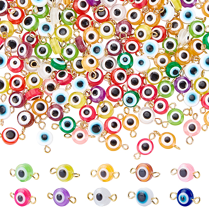 200Pcs Resin Beads Link Connectors, with Golden Brass Eye Pin, Flat Round with Evil Eye