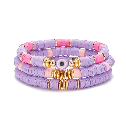 3 bracelets extensibles perlés heishi en argile polymère avec mauvais œil, bracelets preppy pour femmes