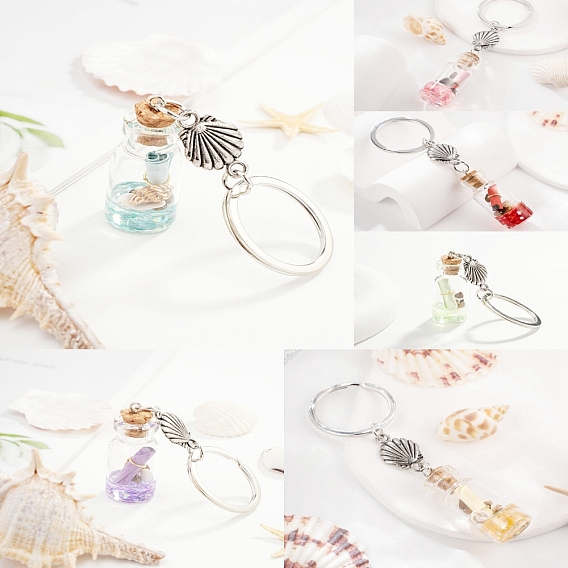 Стеклянная бутылка желаний брелок-подвеска, с бусинами из сплава и железными кольцами для ключей