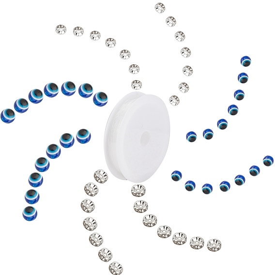 DIY Stretch Bracelets Making Kits, Including Round Evil Eye Resin Beads, Iron Rhinestone Spacer Beads, Elastic Crystal Thread