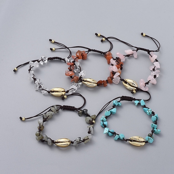 Adjustable Chip Gemstone Braided Bead Bracelets, with Electroplated Cowrie Shell Beads, Golden Plated Brass Beads and Nylon Thread