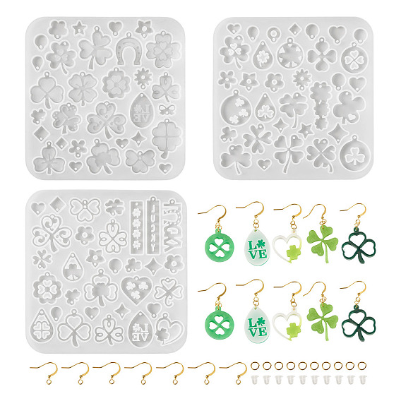 3Pcs 3 Styles Clover Series DIY Silicone Ornaments Molds, for UV Resin, Epoxy Resin Craft Making, with 50Pcs Plastic Ear Nuts, 24Pcs Earring Hooks and 24Pcs Jump Ring, Mixed Shapes, Golden