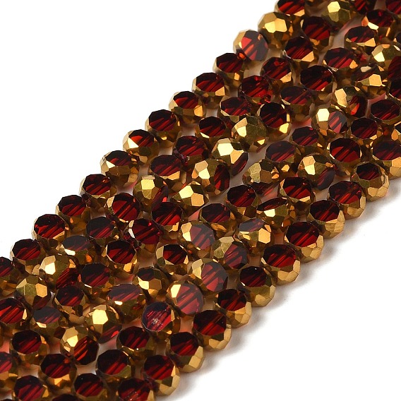 Electroplate Glass Beads Strands, Transparent Color, Half Golden Plated, Faceted, Flat Round