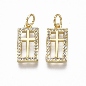 Brass Micro Pave Clear Cubic Zirconia Pendants, with Jump Ring, Nickel Free, Rectangle with Cross