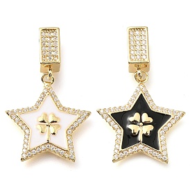 Brass Micro Pave Cubic Zirconia Pendants, with Enamel, Star with Four Leaf Clover Charms