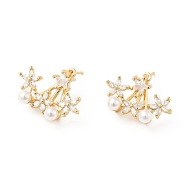 Rack Plating Brass Stud Earrings for Women, with Clear Cubic Zirconia & Acrylic Imitation Pearl Beads, Cadmium Free & Lead Free, Long-Lasting Plated, Flower with Star