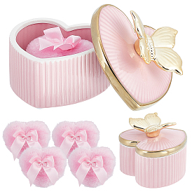 1Pc Porcelain Jewelry Storage Boxes, Heart with Butterfly, with 4Pcs Wool Cosmetics Makeup Powder Puff