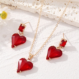 Retro Red Heart Earrings and Glass Necklace Set - French Sweetheart Jewelry with Peach Charm