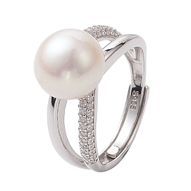 Round Natural Pearl Adjustable Rings, Rhodium Plated Sterling Silver Micro Pave Cubic Zirconia Criss Cross Rings for Women