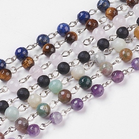 Gemstone Handmade Beaded Chains, Unwelded, with Platinum Plated Iron Eye Pin, Faceted Round