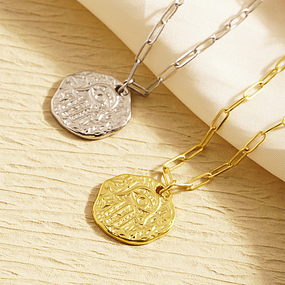Colliers ronds plats avec pendentif main de hamsa en acier inoxydable pour hommes