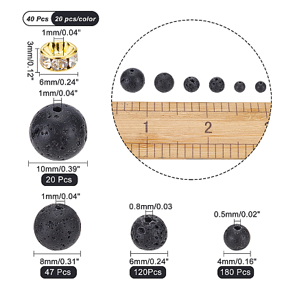 ARRICRAFT 367Pcs Natural Lava Rock Round Beads Kit for DIY Jewelry Making, with 40Pcs Brass Rhinestone Spacer Beads