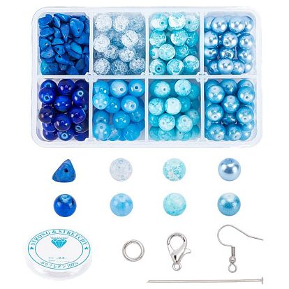 DIY Blue Themed Jewelry Making Kits, Including Round Glass & Glass Pearl Round Beads, Elastic Crystal Thread, Zinc Alloy Lobster Claw Clasps, Brass Earring Hooks