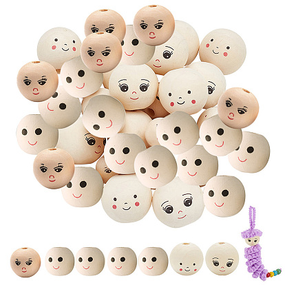 38Pcs 4 Styles Round Printed Wood Beads, Smiling Face Print Large Hole Beads, Undyed