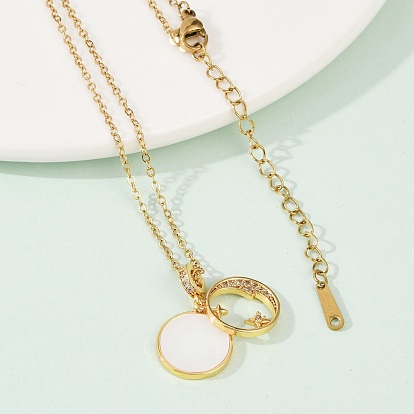 Подвеска из латуни с микропаве из кубического циркония «солнце и звезда» для женщин, с 304 цепью из нержавеющей стали и пластиковой имитацией оболочки, стойки покрытие, ионное покрытие (ip)