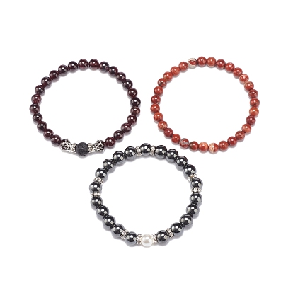 3Pcs 3 Style Natural & Synthetic Mixed Stone Round Beaded Stretch Bracelets Set, Crystal Rhinestone Crown & Plastic Pearl Bracelets for Women